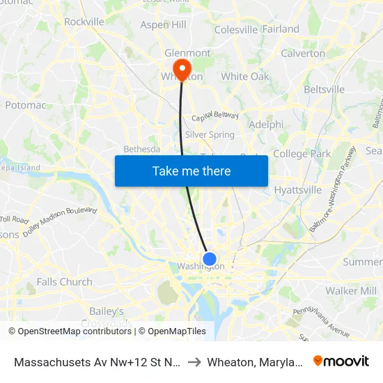 Massachusets Av Nw+12 St NW to Wheaton, Maryland map