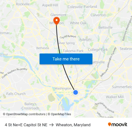 4 St Ne+E Capitol St NE to Wheaton, Maryland map