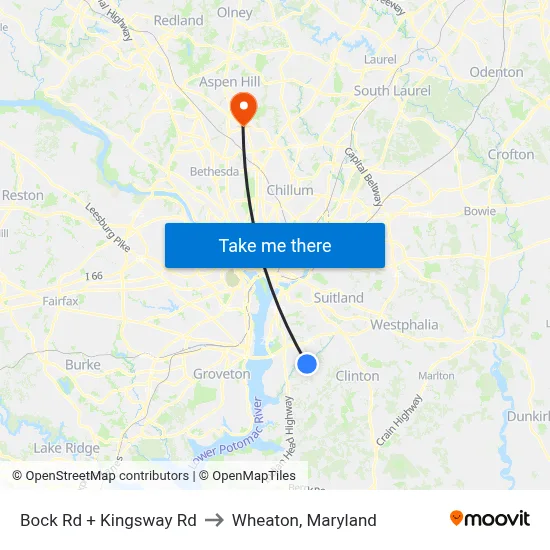Bock Rd + Kingsway Rd to Wheaton, Maryland map