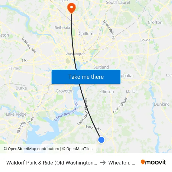 Waldorf Park & Ride (Old Washington Rd. & Smallwood Dr.) to Wheaton, Maryland map