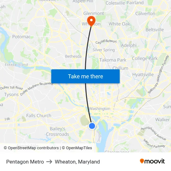 Pentagon Metro to Wheaton, Maryland map