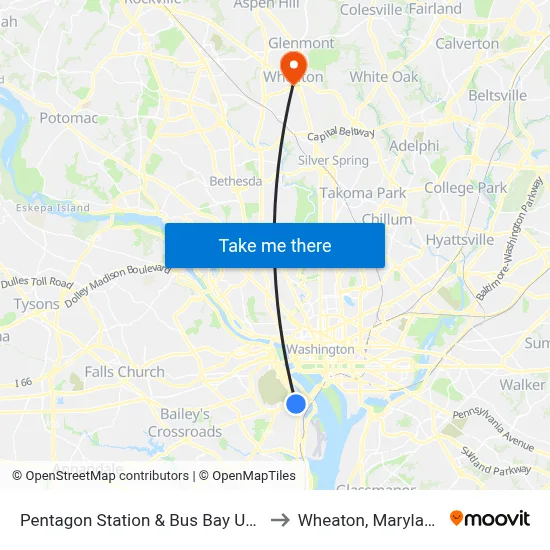 Pentagon Station & Bus Bay U11 to Wheaton, Maryland map