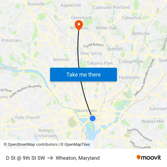 D St @ 9th St SW to Wheaton, Maryland map