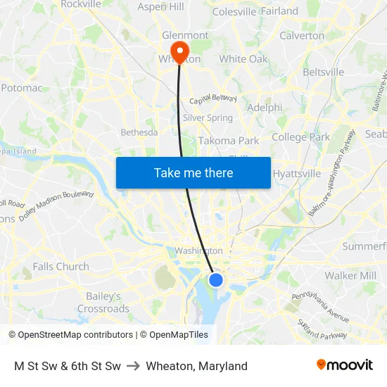 M St Sw & 6th St Sw to Wheaton, Maryland map