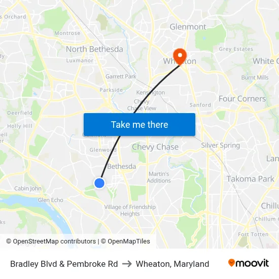 Bradley Blvd & Pembroke Rd to Wheaton, Maryland map