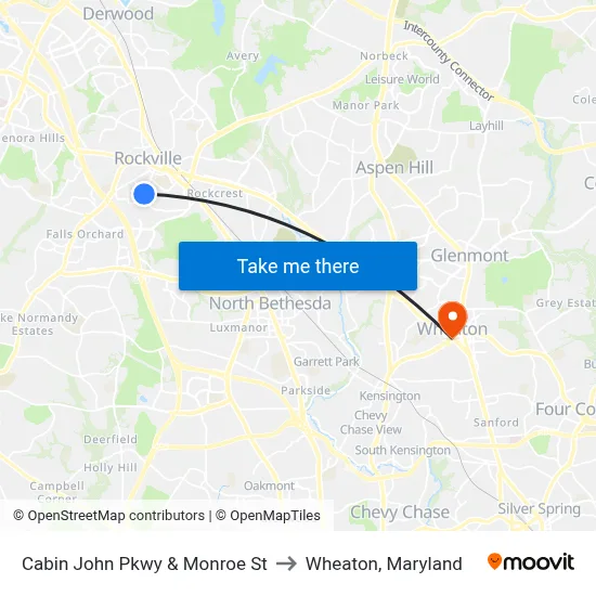 Cabin John Pkwy & Monroe St to Wheaton, Maryland map