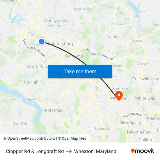 Clopper Rd & Longdraft Rd to Wheaton, Maryland map