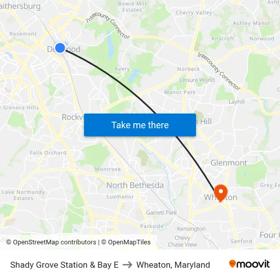 Shady Grove Station & Bay E to Wheaton, Maryland map