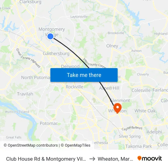 Club House Rd & Montgomery Village Ave to Wheaton, Maryland map