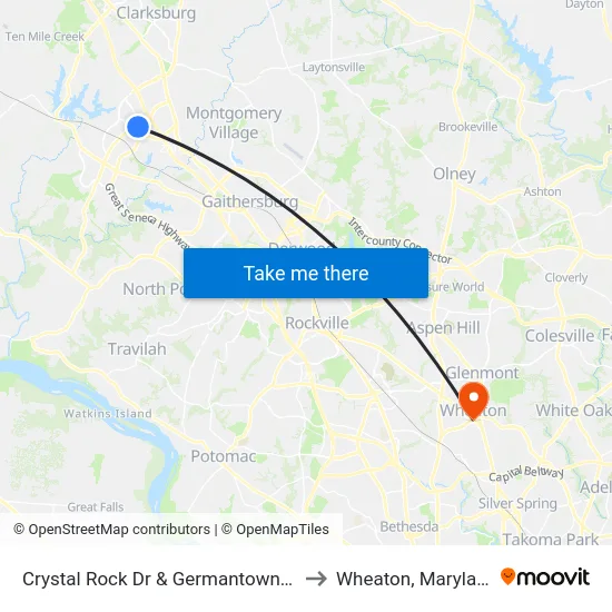 Crystal Rock Dr & Germantown Rd to Wheaton, Maryland map