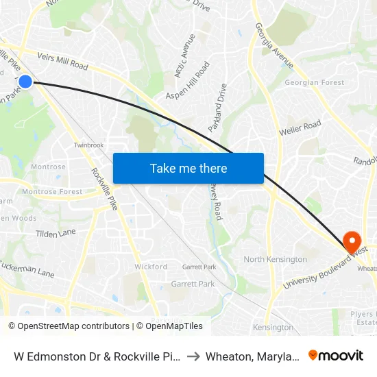 W Edmonston Dr & Rockville Pike to Wheaton, Maryland map
