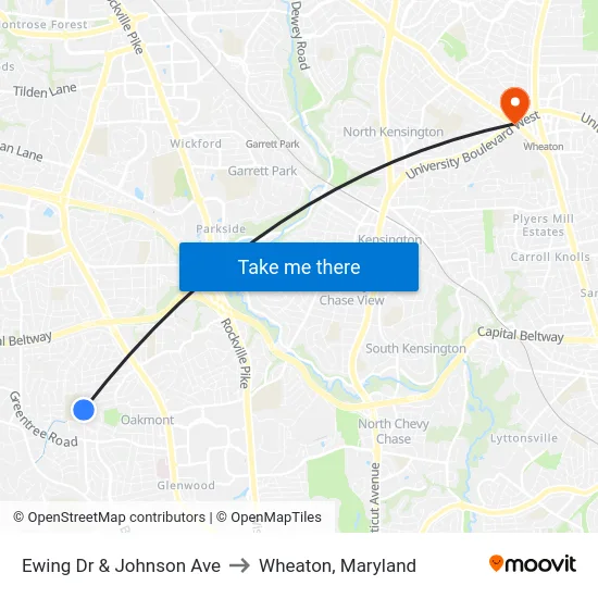 Ewing Dr & Johnson Ave to Wheaton, Maryland map