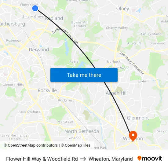 Flower Hill Way & Woodfield Rd to Wheaton, Maryland map