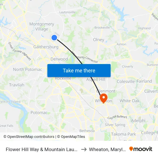 Flower Hill Way & Mountain Laurel Ln to Wheaton, Maryland map
