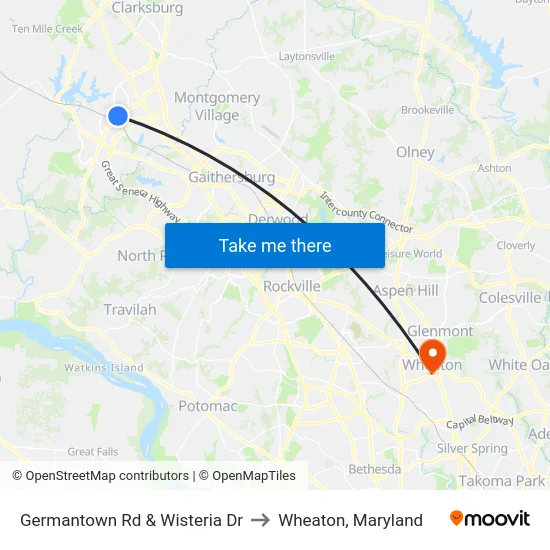 Germantown Rd & Wisteria Dr to Wheaton, Maryland map