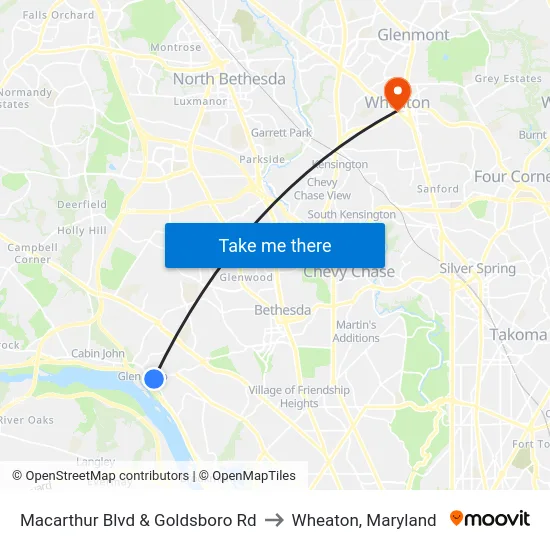 Macarthur Blvd & Goldsboro Rd to Wheaton, Maryland map
