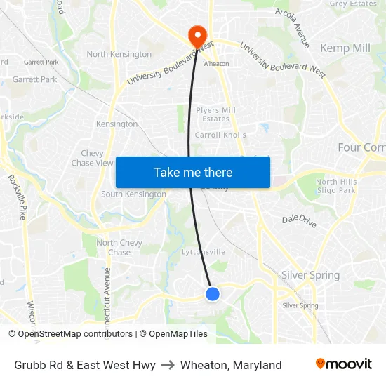 Grubb Rd & East West Hwy to Wheaton, Maryland map