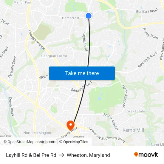 Layhill Rd & Bel Pre Rd to Wheaton, Maryland map