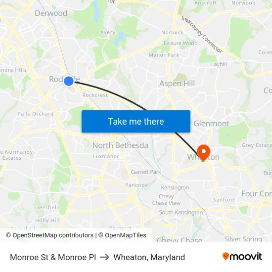 Monroe St & Monroe Pl to Wheaton, Maryland map