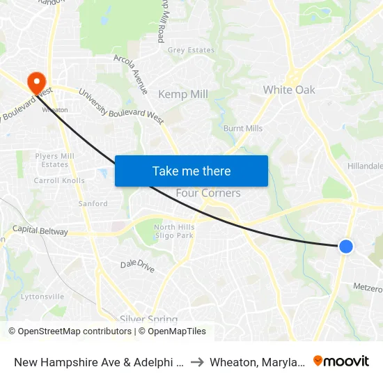 New Hampshire Ave & Adelphi Rd to Wheaton, Maryland map