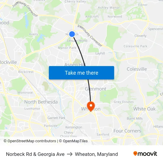 Norbeck Rd & Georgia Ave to Wheaton, Maryland map
