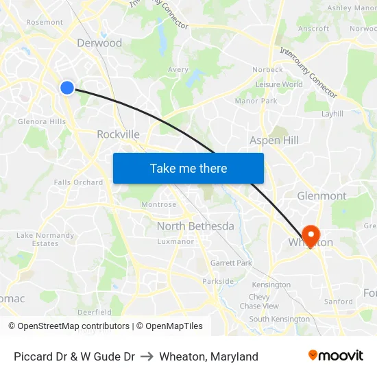 Piccard Dr & W Gude Dr to Wheaton, Maryland map