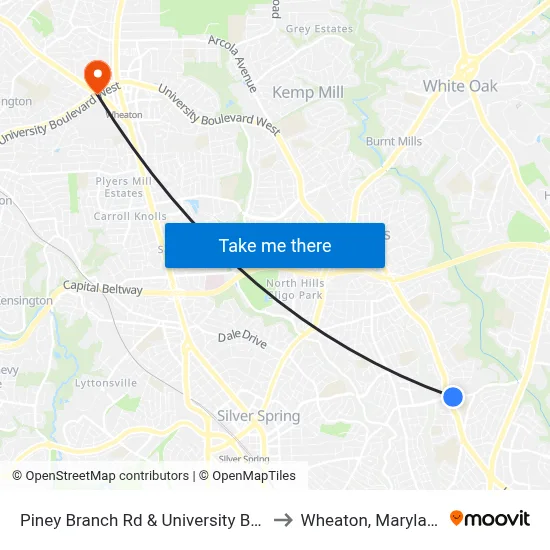 Piney Branch Rd & University Blvd to Wheaton, Maryland map