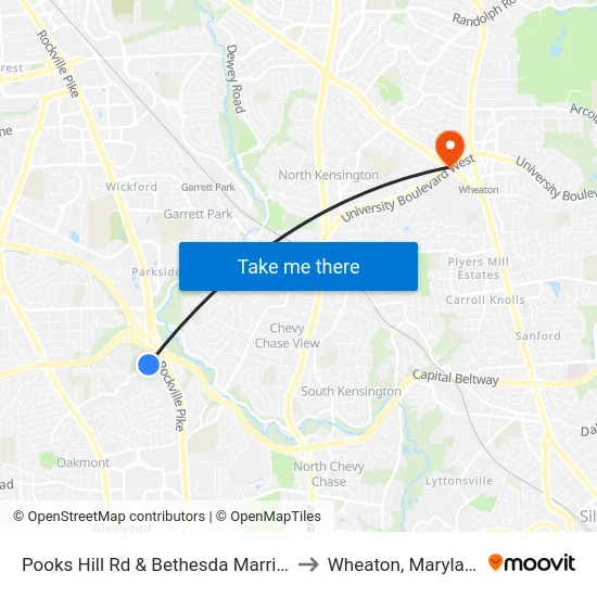 Pooks Hill Rd & Bethesda Marriott to Wheaton, Maryland map