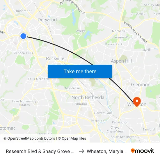 Research Blvd & Shady Grove Rd to Wheaton, Maryland map