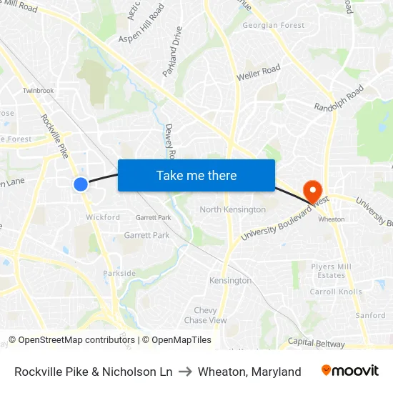 Rockville Pike & Nicholson Ln to Wheaton, Maryland map