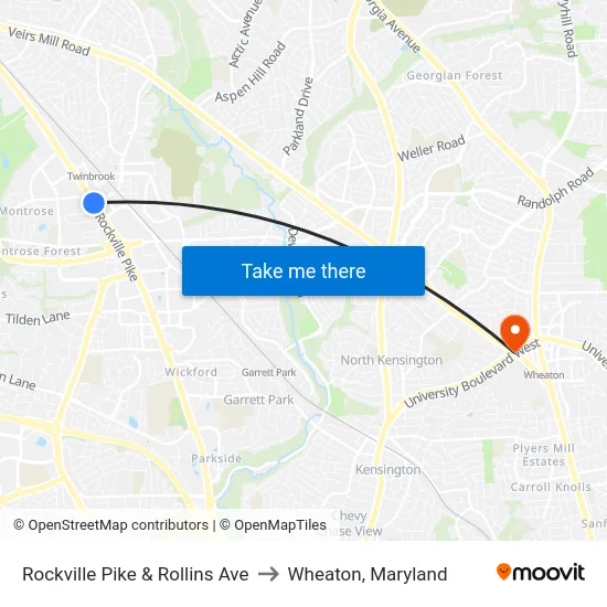 Rockville Pike & Rollins Ave to Wheaton, Maryland map