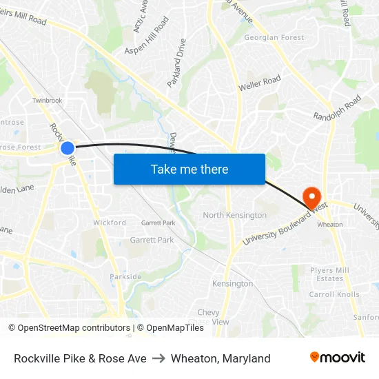 Rockville Pike & Rose Ave to Wheaton, Maryland map