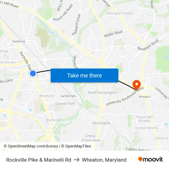 Rockville Pike & Marinelli Rd to Wheaton, Maryland map