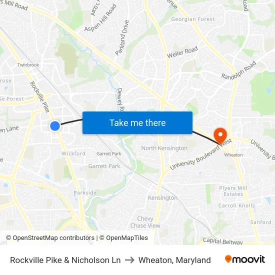 Rockville Pike & Nicholson Ln to Wheaton, Maryland map
