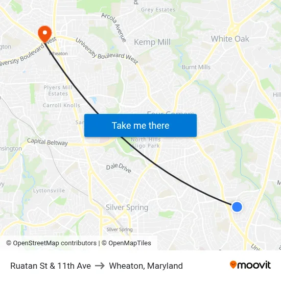 Ruatan St & 11th Ave to Wheaton, Maryland map