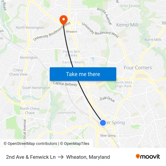 2nd Ave & Fenwick Ln to Wheaton, Maryland map