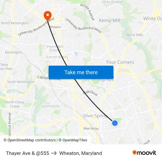 Thayer Ave & @555 to Wheaton, Maryland map