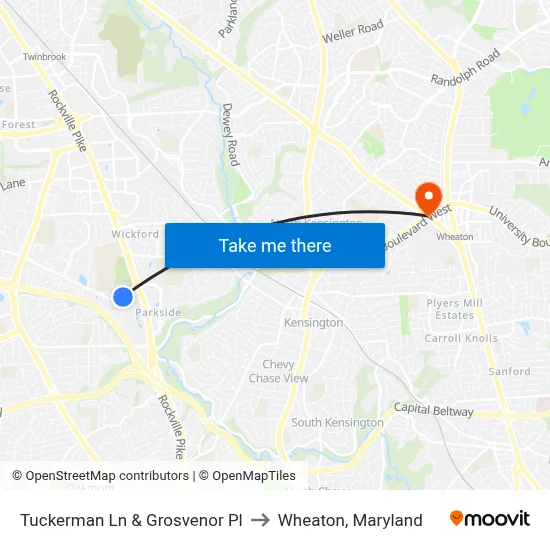 Tuckerman Ln & Grosvenor Pl to Wheaton, Maryland map