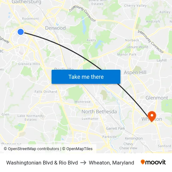 Washingtonian Blvd & Rio Blvd to Wheaton, Maryland map