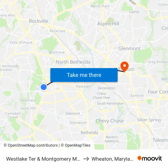 Westlake Ter & Montgomery Mall to Wheaton, Maryland map