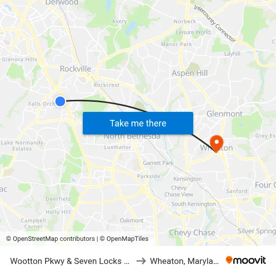 Wootton Pkwy & Seven Locks Rd to Wheaton, Maryland map