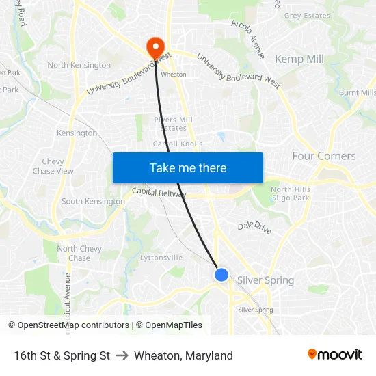 16th St & Spring St to Wheaton, Maryland map