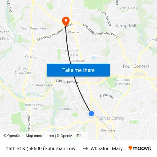 16th St & @8600 (Suburban Tower Apts) to Wheaton, Maryland map