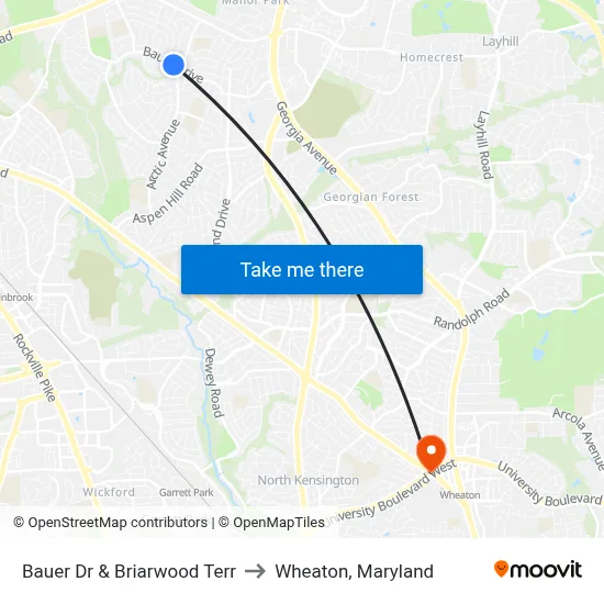 Bauer Dr & Briarwood Terr to Wheaton, Maryland map