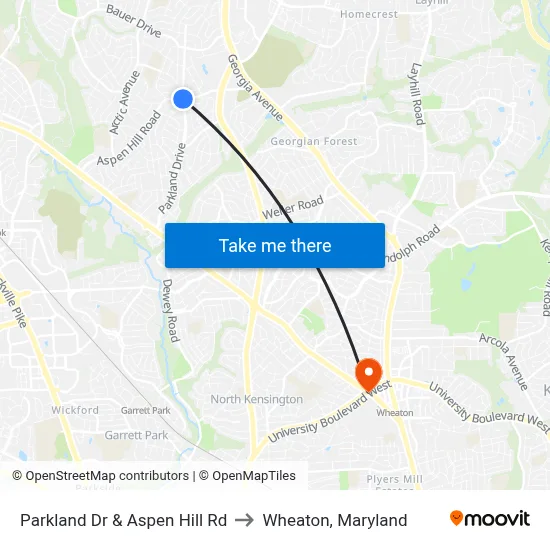 Parkland Dr & Aspen Hill Rd to Wheaton, Maryland map