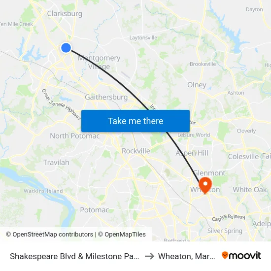 Shakespeare Blvd & Milestone Park & Ride to Wheaton, Maryland map