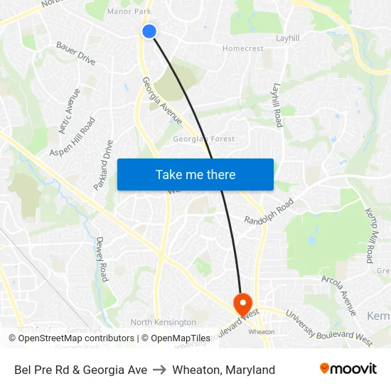 Bel Pre Rd & Georgia Ave to Wheaton, Maryland map