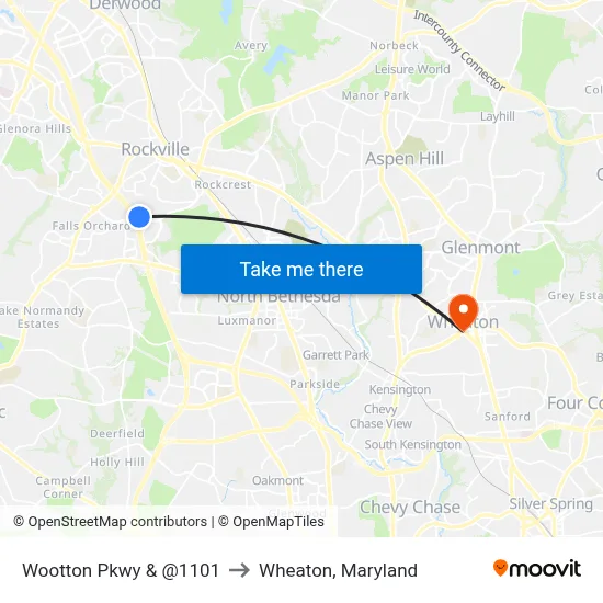Wootton Pkwy & @1101 to Wheaton, Maryland map