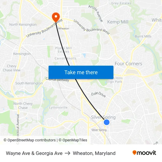 Wayne Ave & Georgia Ave to Wheaton, Maryland map