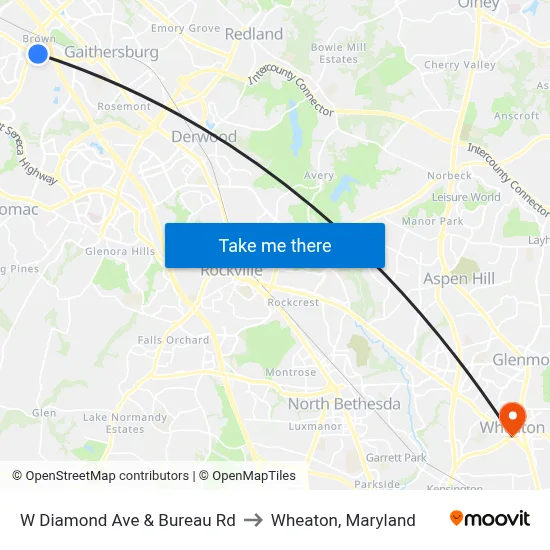 W Diamond Ave & Bureau Rd to Wheaton, Maryland map